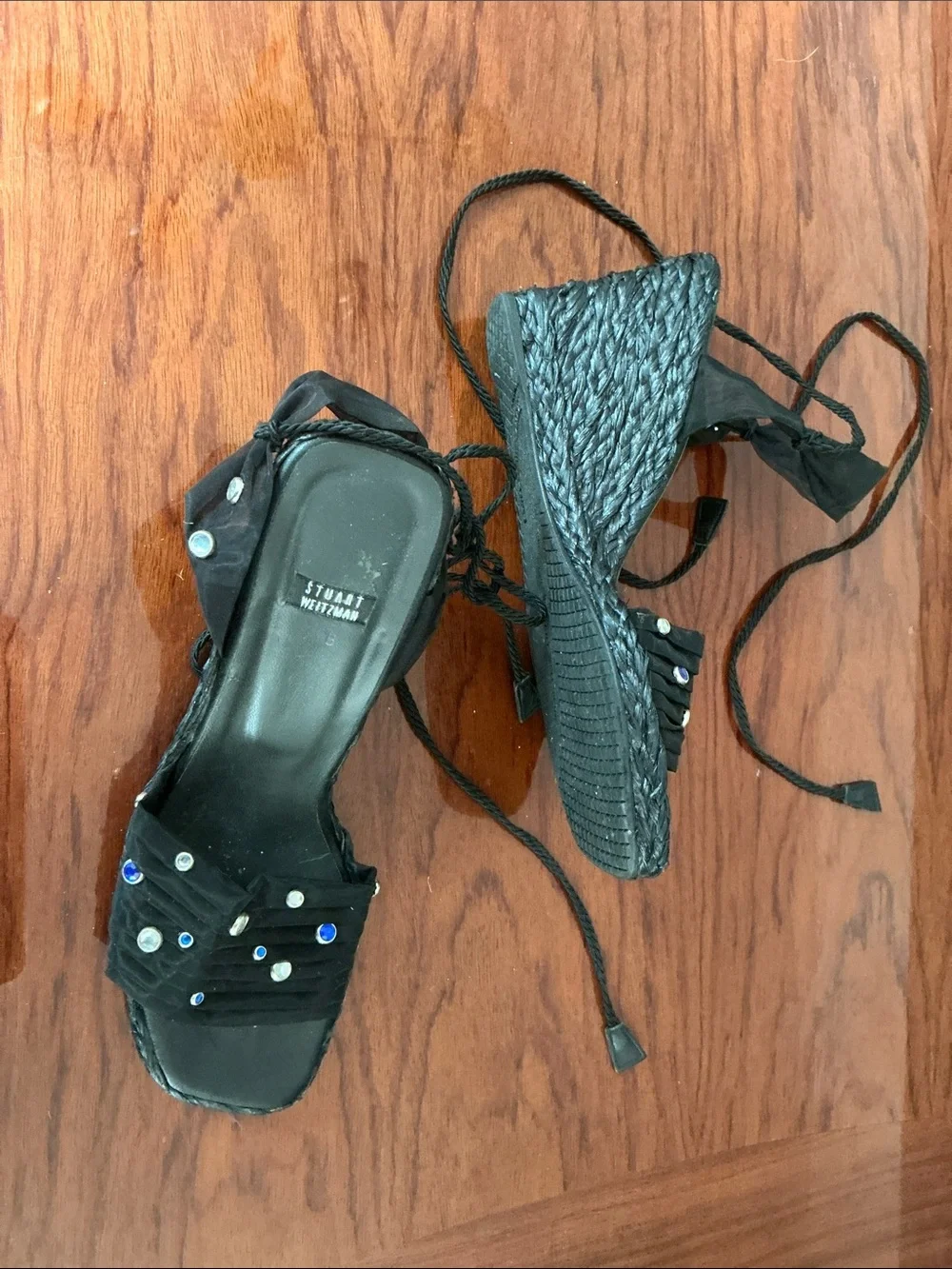 Stuart Weitzman Black Studded Lace-Up Wedge Sandals